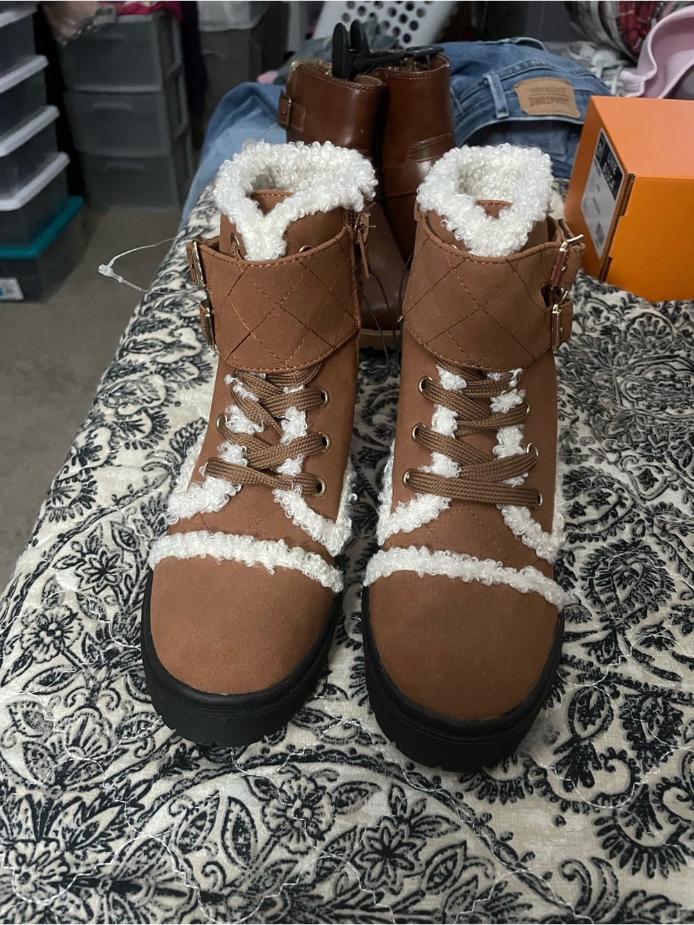 Kids Tan Faux-Shearling Lace-Up Winter Boots